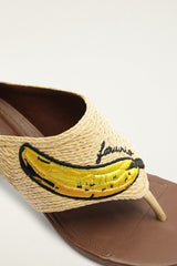 Raffia Embroidered Icons Kitten Heeled Sandal - FARM Rio WALNUT BANANA
