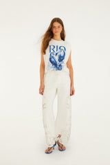 Off-White Toucan Rio Padded Shoulder Organic Cotton T-Shirt - FARM Rio OFF-WHITE
