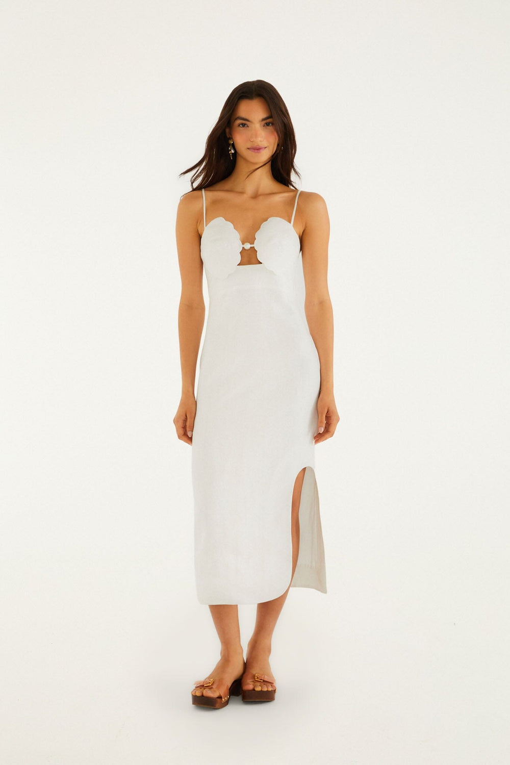 Off-White Shell Bodice Pearl Midi Dress - FARM Rio OFF-WHITE