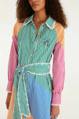 Multicolor Stripes Embroidered Belted Organic Cotton Midi Dress - FARM Rio MULTI
