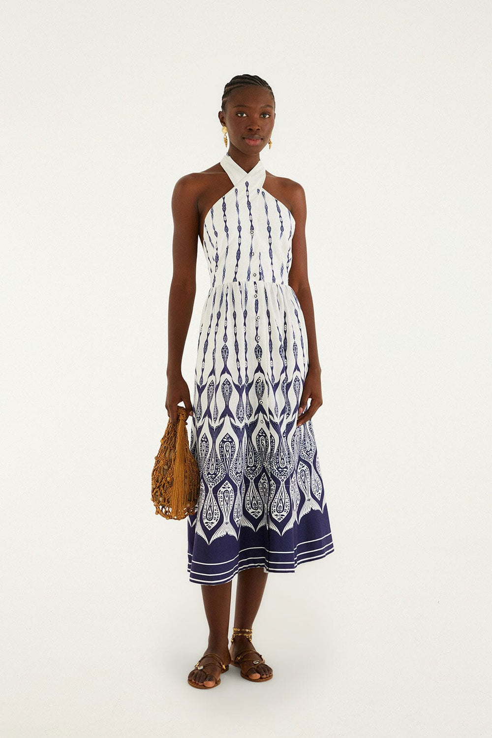 Off-White Fishes Flow Halter Neck Lenzing Ecovero Euroflax Midi Dress - FARM Rio FISHES FLOW OFF-WHITE