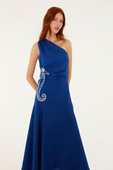Blue Seahorse Embroidery One-Shoulder Euroflax Premium Linen Maxi Dress - FARM Rio BLUE