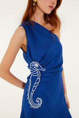 Blue Seahorse Embroidery One-Shoulder Euroflax Premium Linen Maxi Dress - FARM Rio BLUE
