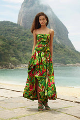 Green Tropical Dream Draped Organic Cotton Maxi Dress - FARM Rio ORANGE