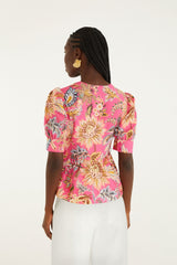 Pink Ligia Floral Puff Sleeve Organic Cotton Blouse - FARM Rio LIGIA FLORAL PINK