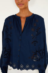 Navy Blue Artisanal Long Sleeve Blouse - FARM Rio NAVY BLUE