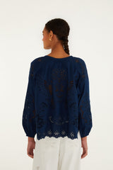 Navy Blue Artisanal Long Sleeve Blouse - FARM Rio NAVY BLUE