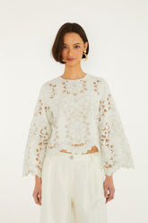 Off-White Flowers Richelieu Long Sleeve Blouse - FARM Rio OFF-WHITE