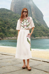 Off-White Flower Embroidered Euroflax Premium Linen Midi Skirt - FARM Rio OFF-WHITE