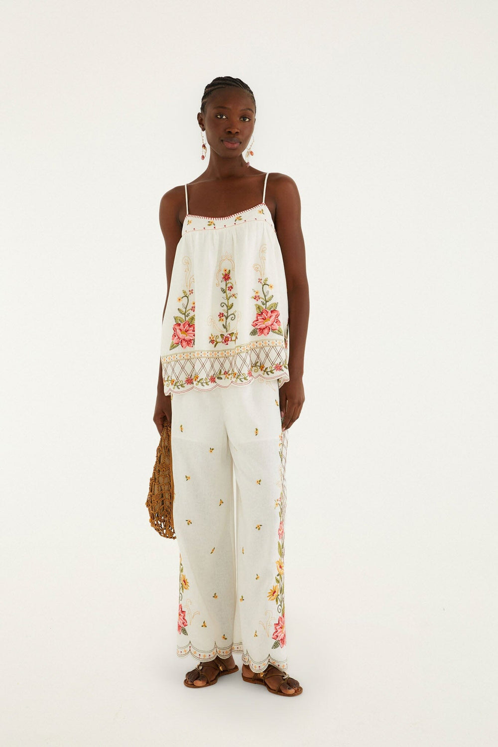 Off-White Flower Embroidery Wide-Leg Pants - FARM Rio OFF-WHITE