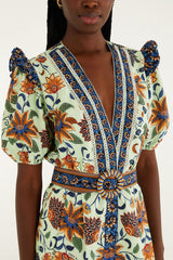 Light Green Floral Delhi Tapestry Belted Organic Cotton Romper - FARM Rio FLORAL DELHI TAPESTRY LIGHT GREEN
