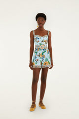 Light Blue Floral Delhi Euroflax Premium Linen Romper - FARM Rio FLORAL DELHI LIGHT BLUE