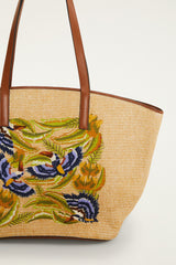 Raffia Basket Tote Bag Large - FARM Rio SUNNY PARADISE EMBROIDERY