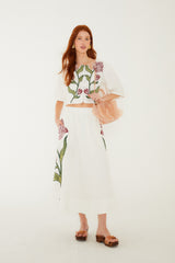 Off-White Flower Embroidered Euroflax Premium Linen Crop Top - FARM Rio OFF-WHITE