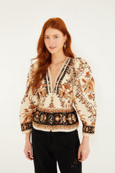 Sand Majestic Garden Lace Puff Sleeve Organic Cotton Blouse - FARM Rio MAJESTIC GARDEN SAND