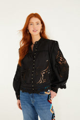 Black Richelieu Puff Sleeve Organic Cotton Blouse - FARM Rio BLACK