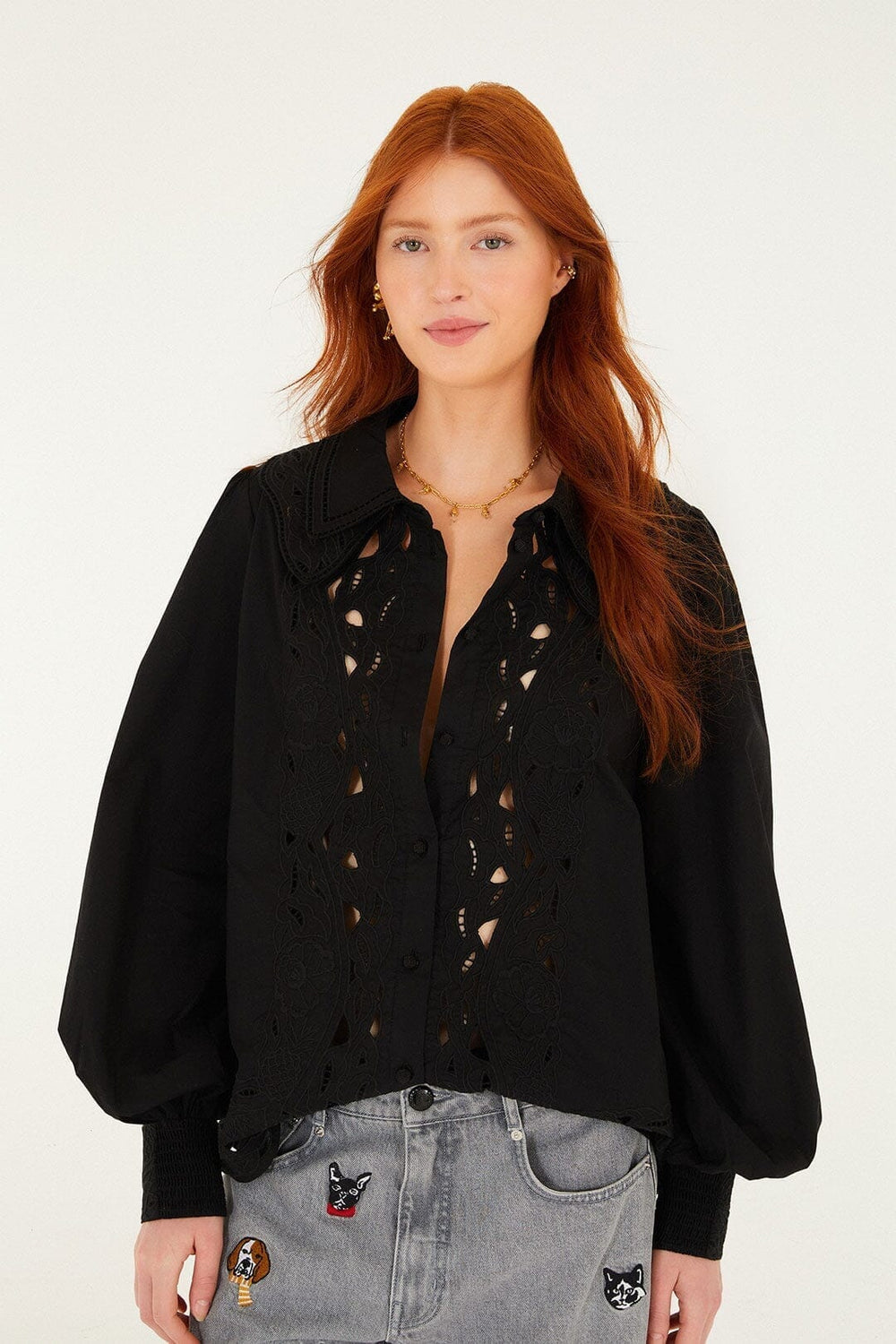 Black Embroidered Buttoned Puff Sleeve Shirt - FARM Rio BLACK