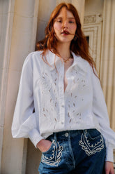 Off-White Embroidered Lace Buttoned Smocked Cuff Shirt - FARM Rio OFF-WHITE
