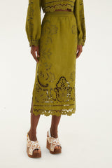 Green Majestic Garden Euroflax Premium Linen Richelieu Midi Skirt - FARM Rio GREEN