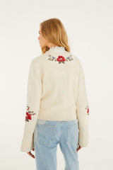 Cream Embroidered Flowers Buttoned Knit Cardigan - FARM Rio CREAM