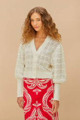 White Lace Stitch Knit Crop Cardigan - FARM Rio WHITE