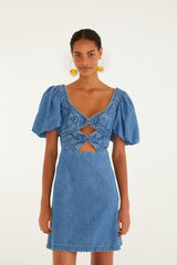 Denim Wavy Cut-Out Puff Sleeve Mini Dress - FARM Rio DENIM