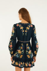 Dark Blue Maira Floral Lenzing Ecovero Euroflax Mini Dress - FARM Rio MAIRA FLORAL DARK BLUE