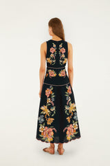 Dark Blue Maira Floral Euroflax Premium Linen Midi Dress - FARM Rio MAIRA FLORAL DARK BLUE