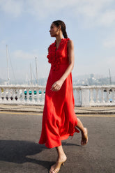 Red 3d Flower Euroflax Premium Linen Maxi Dress - FARM Rio RED