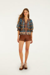 Blue Embroidered Tapestry Tassels Puff Sleeve Blouse - FARM Rio EMBROIDERED TAPESTRY BLUE