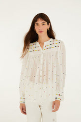 Off-White Embroidered Beads Organic Cotton Long Sleeve Blouse - FARM Rio OFF-WHITE