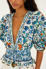 Off-White Flora Tile Smocked Organic Cotton Blouse - FARM Rio FLORA TILE OFF-WHITE