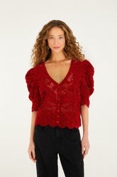 Red Rococo Hearts Puff Sleeve Crochet Cardigan - FARM Rio RED