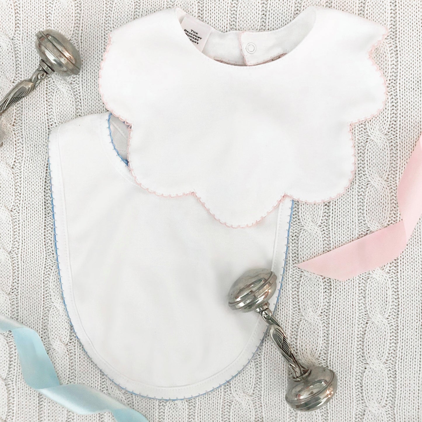 Beaufort Bonnet Bellyful Bib - Worth Avenue White with Palm Beach Pink Picot Trim