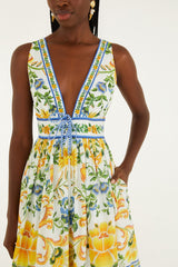 Off-White Emily Floral Tapestry Rope Ties Midi Dress - FARM Rio EMILY FLORAL TAPESTRY OFF-WHITE