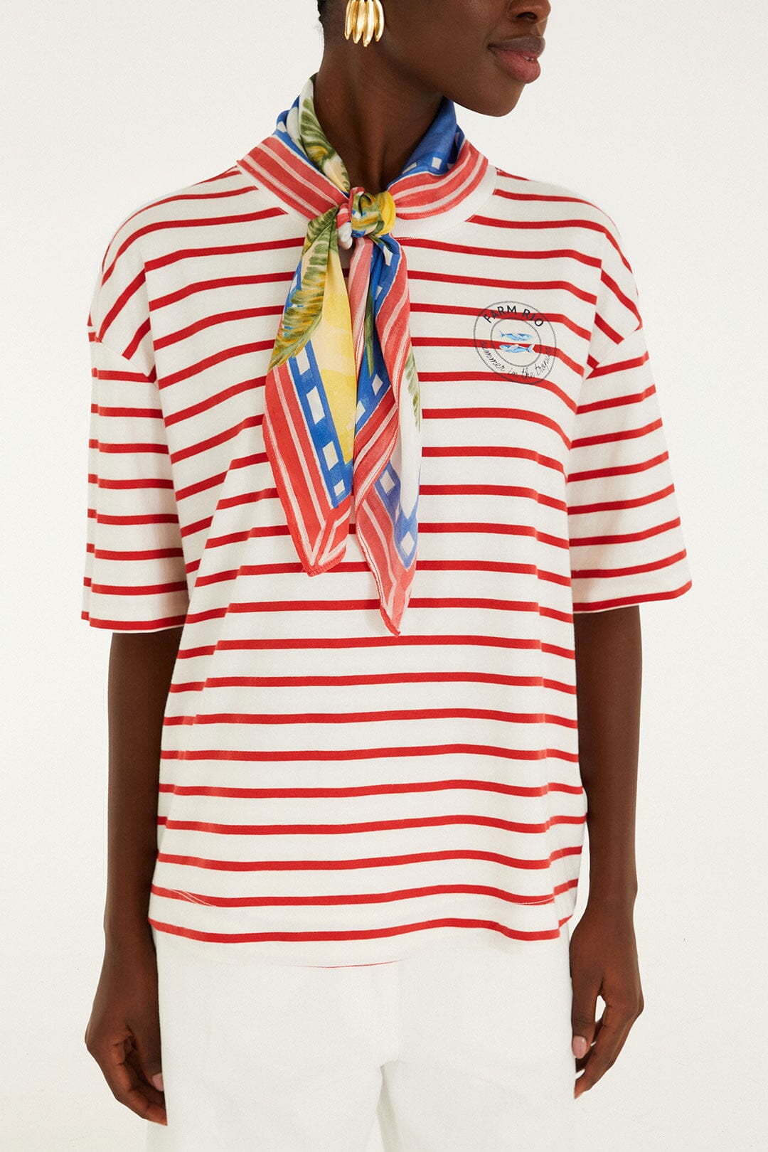 Red Summer In The Tropics Stripes T-Shirt & Scarf - FARM Rio OFF-WHITE