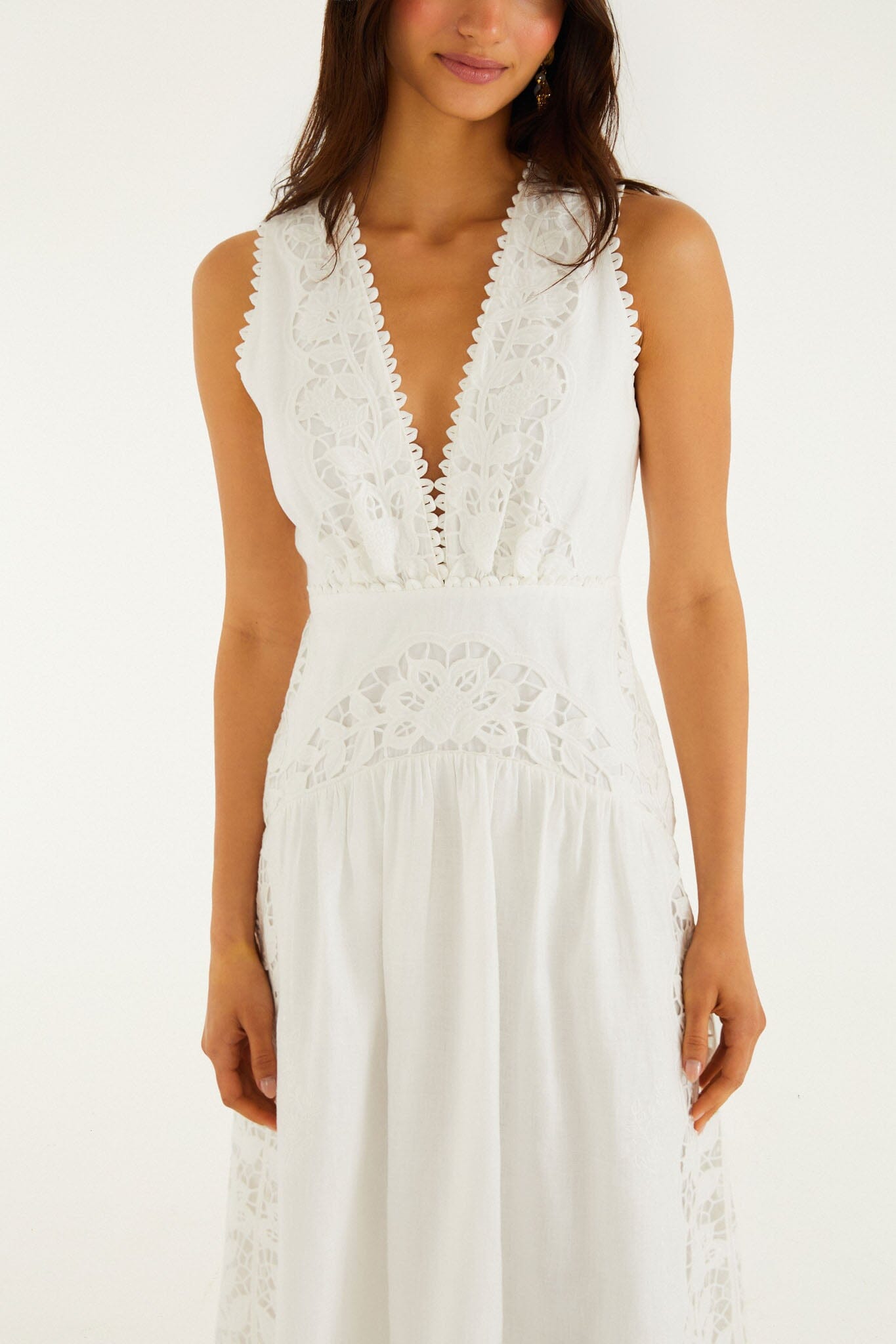 Off-White Richelieu V Neck Sleeveless Midi Dress - FARM Rio OFF-WHITE