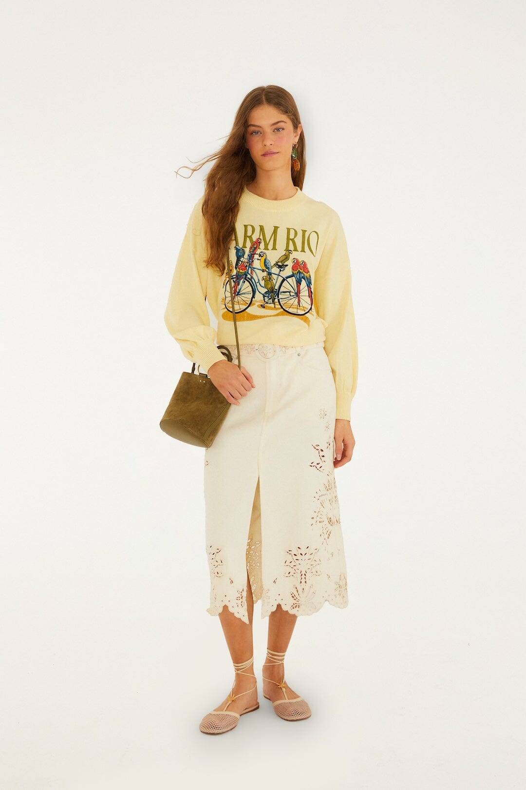 Yellow Birds Bicycle Embroidered Sweater - FARM Rio YELLOW