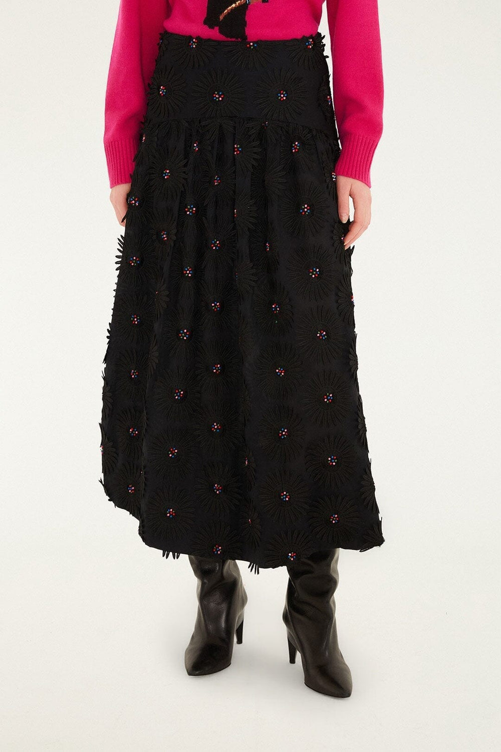 Black 3d Flowers Embroidered Midi Skirt - FARM Rio BLACK