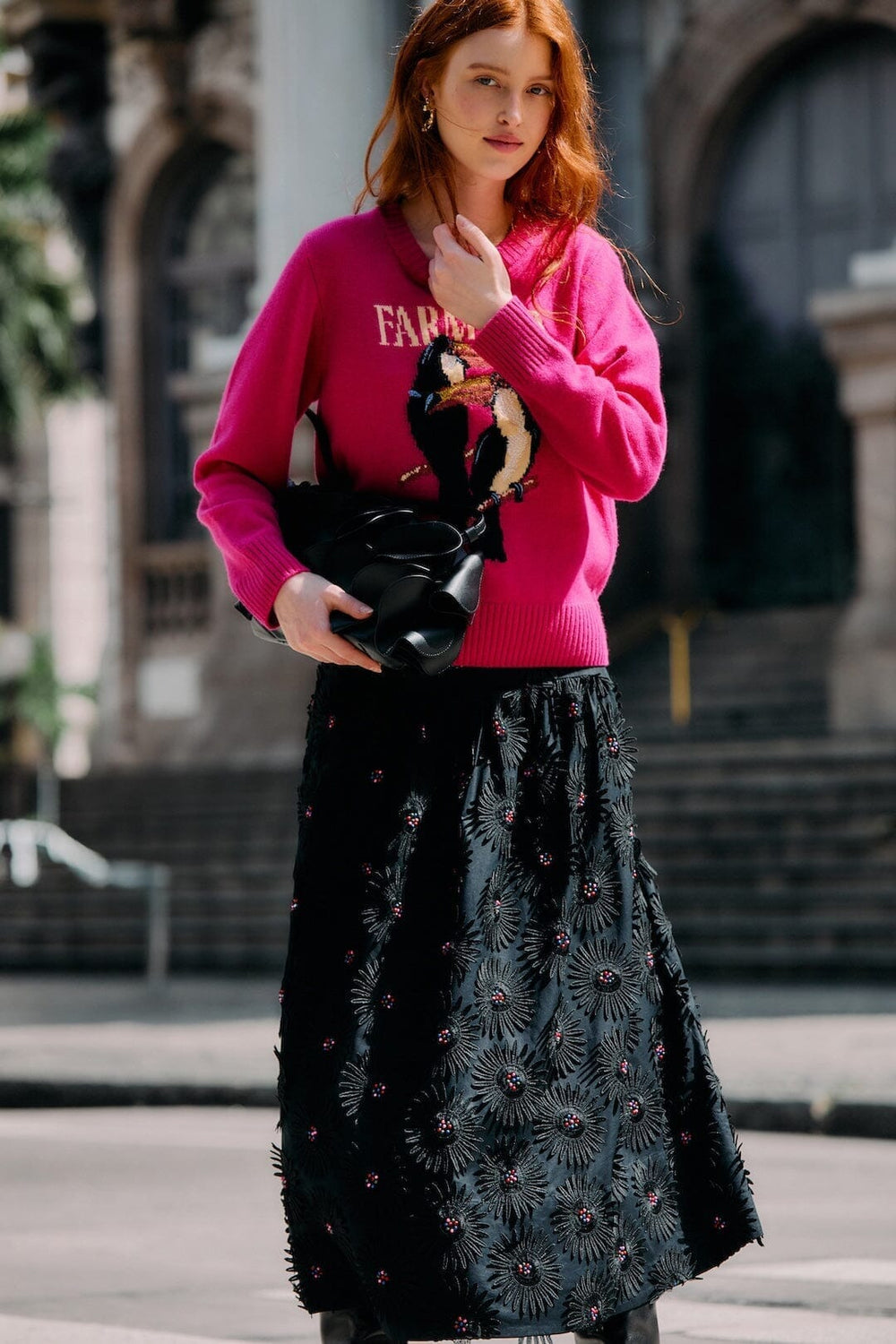 Black 3d Flowers Embroidered Midi Skirt - FARM Rio BLACK