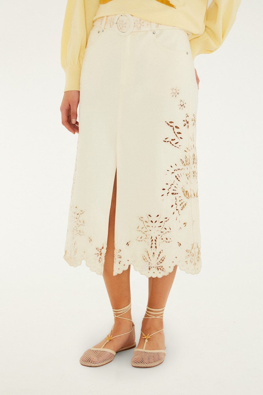 Beige Geometric Richelieu Twill Midi Skirt - FARM Rio BEIGE