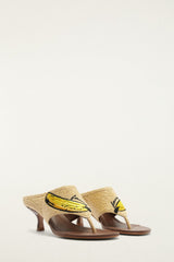 Raffia Embroidered Icons Kitten Heeled Sandal - FARM Rio WALNUT BANANA