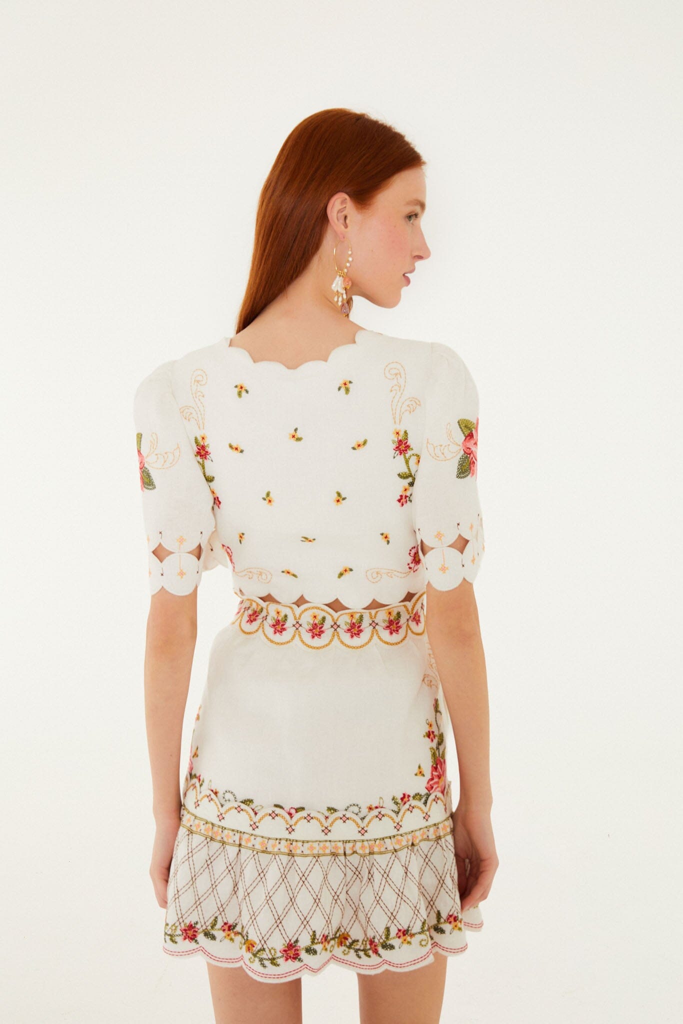 Off-White Flower Embroidery Scalloped Mini Dress - FARM Rio OFF-WHITE