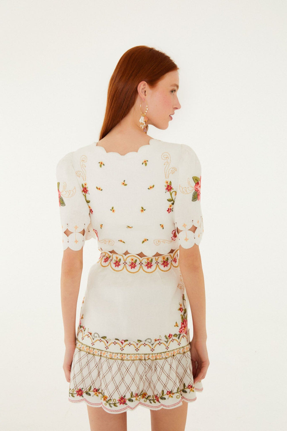 Off-White Flower Embroidery Scalloped Mini Dress - FARM Rio OFF-WHITE