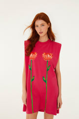 Pink Tropical Rose Padded Shoulders Organic Cotton Mini Dress - FARM Rio PINK