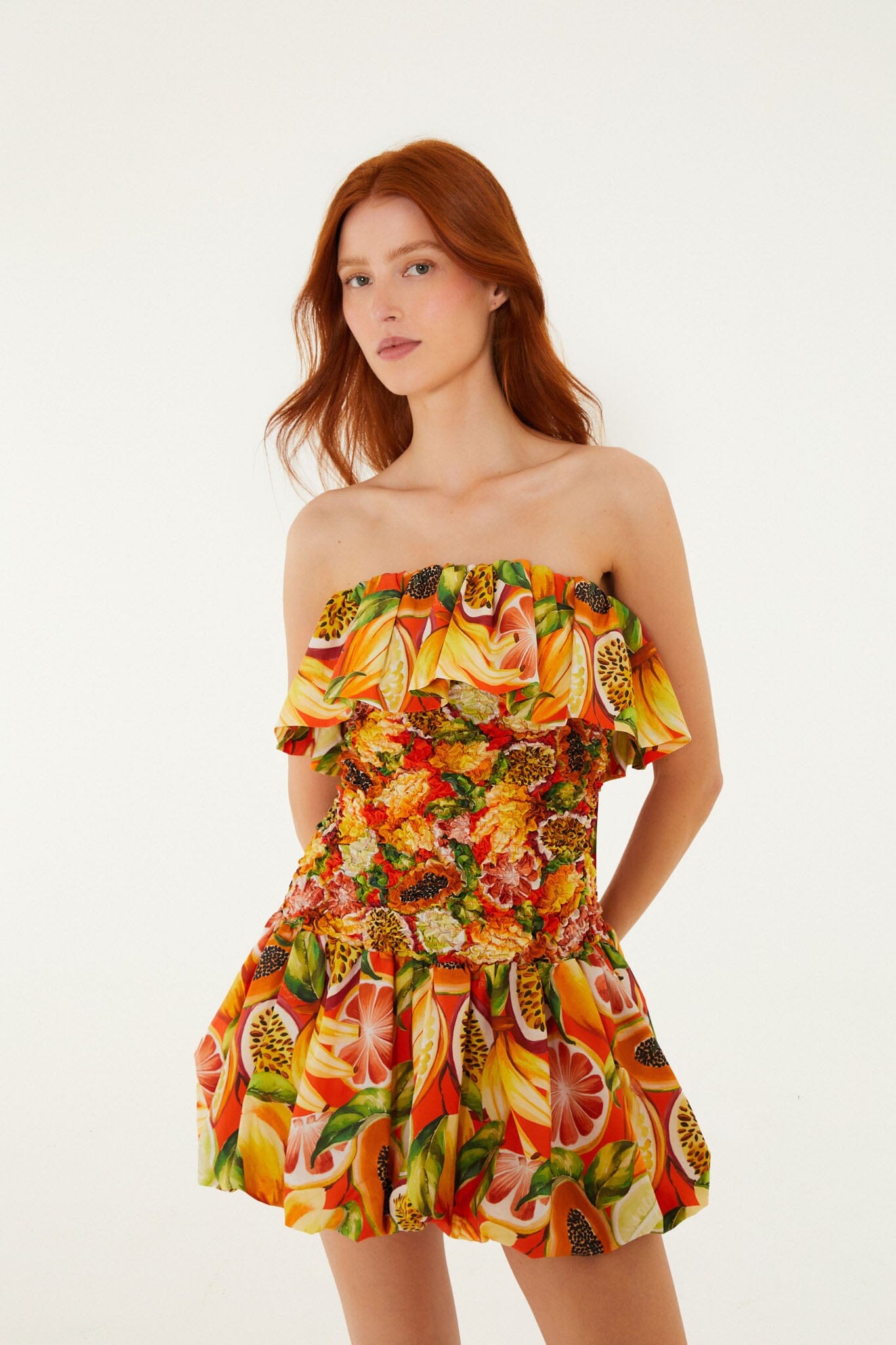 Multicolor Fruit Garden Red Smocked Balloon Mini Dress - FARM Rio FRUIT GARDEN RED