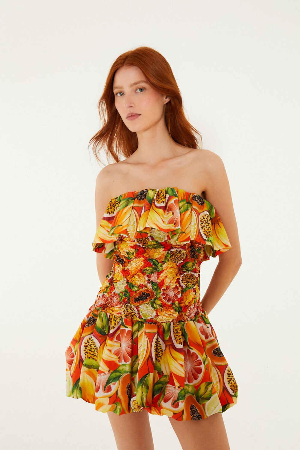 Multicolor Fruit Garden Red Smocked Balloon Mini Dress - FARM Rio FRUIT GARDEN RED