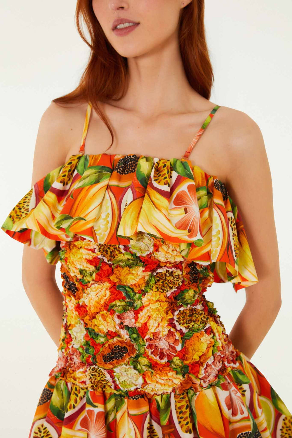 Multicolor Fruit Garden Red Smocked Balloon Mini Dress - FARM Rio FRUIT GARDEN RED