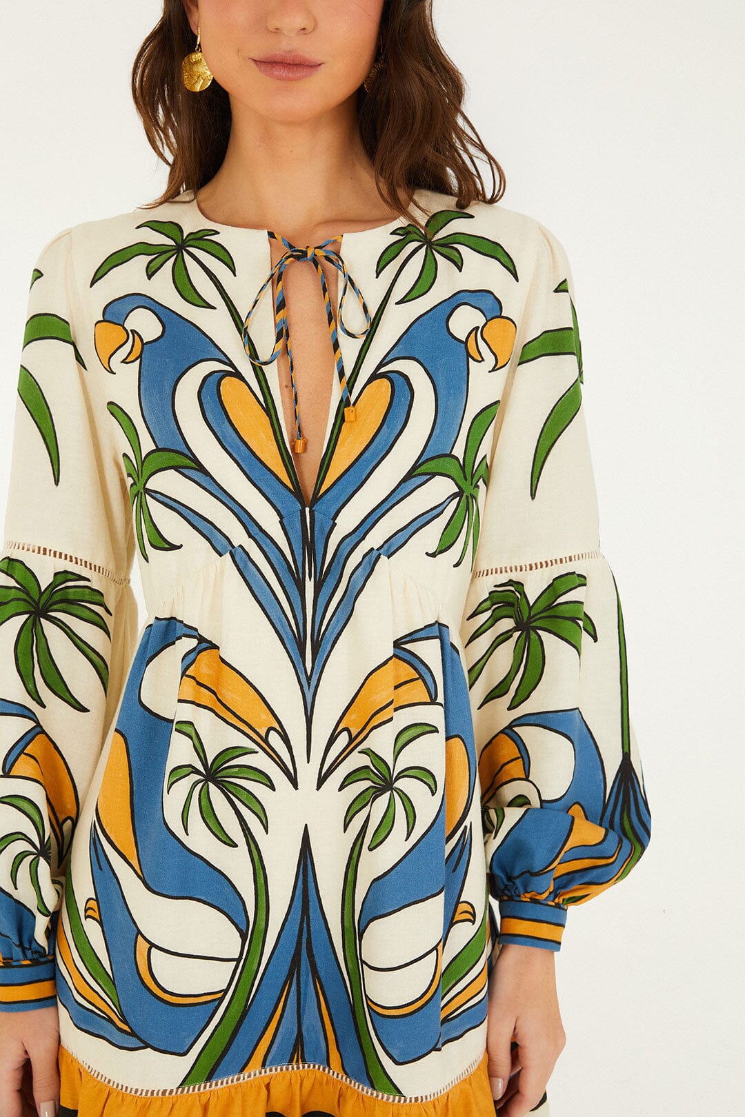 Sand Tropical Graphic Lace Ruffled Mini Dress - FARM Rio TROPICAL GRAPHIC