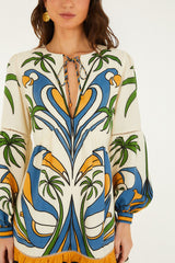 Sand Tropical Graphic Lace Ruffled Mini Dress - FARM Rio TROPICAL GRAPHIC